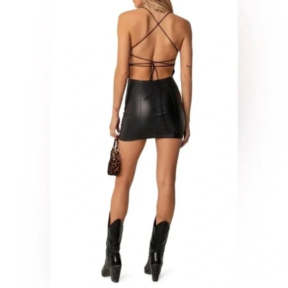 EDIKTED | Dani Open Back Faux Leather Black Minidress XS - Picture 2 of 7